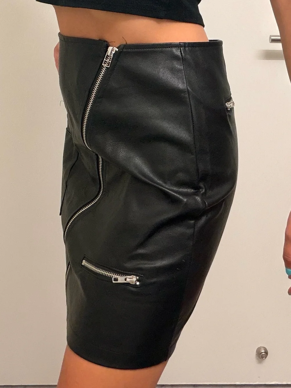 Black Faux Leather Zip-Front Mini Skirt